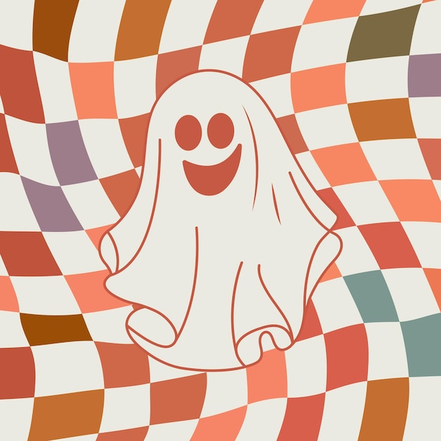 Happy Halloween day 70s groovy vector Spooky halloween ghost Fly phantom spirit with scary face