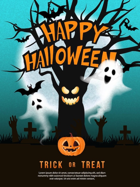 Vettore felice halloween demone albero spirito fantasma jack lanterna pipistrello con sfondo notte di luna piena nel cimitero