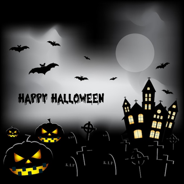 Happy Halloween design vector with moonlight, bats, pumpkin, graveyard and tree.