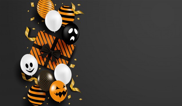 Vector happy halloween. design with gift box and balloons party on black