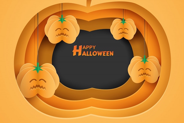 Happy halloween design with pumpkin hanging on orange background paper art style