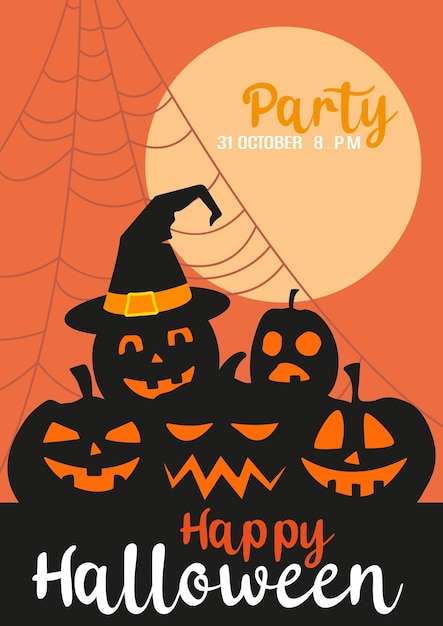 Happy halloween design con silhouette del cimitero con zucche su sfondo arancione illustrazione vettoriale festa di halloween luna e ragnatela con cappello da strega