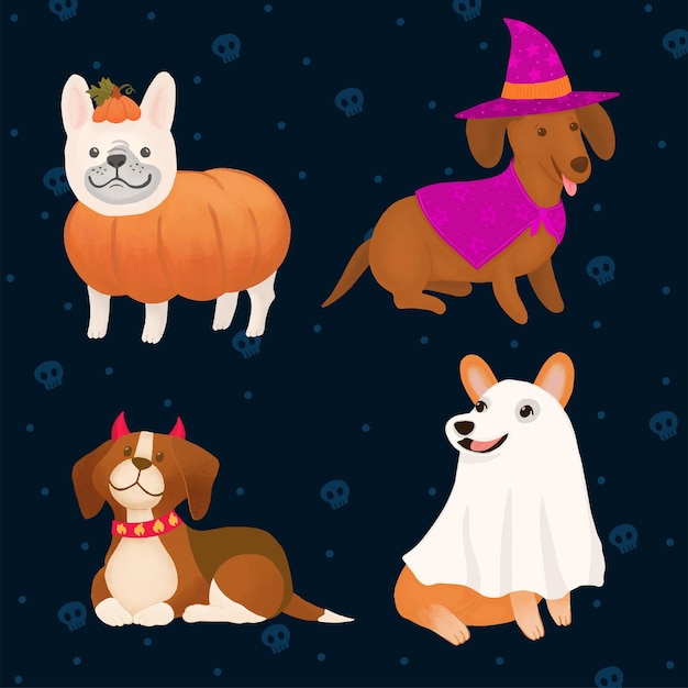 Happy Halloween, dogs in monsters costumes, Halloween party.