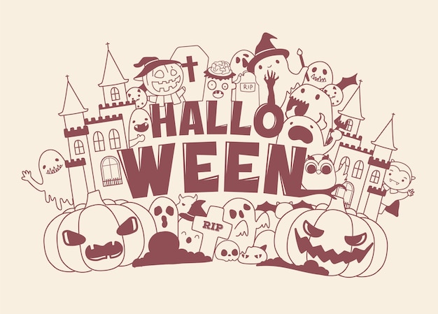 Felice halloween doodle disegno simpatico mostro in stile cartone animato