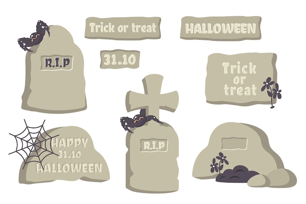 Happy Halloween Doodle met de hand getekende grafstenen met spinnenweb grond tekst Set van monumenten graven van verschillende vorm grootte met oude gebeeldhouwde inscripties Vector plat illustratie