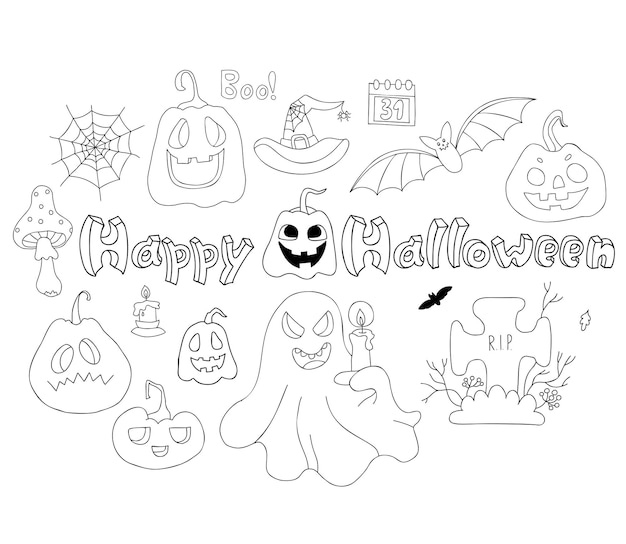 Happy Halloween doodle Pumpkin Jack ghost bat and cobweb graveyard grave and magical fly agaric