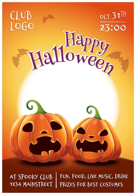 Редактируемый плакат Happy Halloween с испуганными и злыми тыквами на оранжевом фоне с полной луной Happy Halloween party