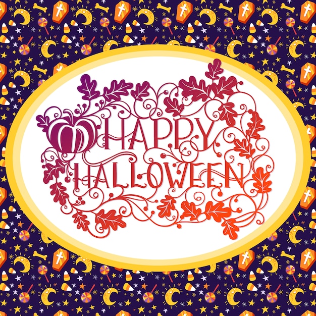 Vector happy halloween eikenbladeren en pompoen typografie