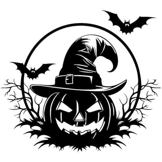 Happy Halloween elements in black and white Silhouette vector illustration with holiday smiling pum