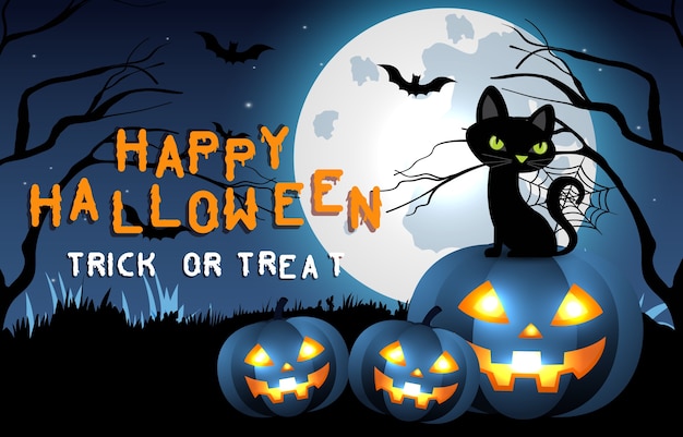 Happy halloween enge achtergrond. Uitnodiging voor Halloween-feest of banner met kat en pompoen. Horror illustratie.