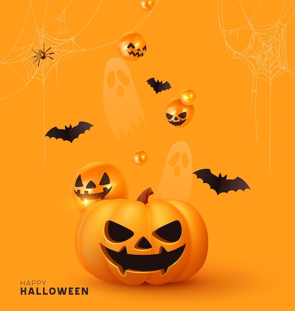 Счастливого Хэллоуина. Праздничный фон с реалистичными трехмерными оранжевыми тыквами с вырезанной страшной улыбкой, золотой паутиной и летучими мышами. Праздничный плакат, флаер, брошюра и обложка шаблона. Векторная иллюстрация