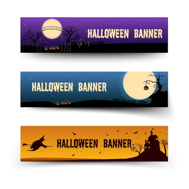Праздничные горизонтальные баннеры Happy Halloween со страшными традиционными элементами в мультяшном стиле