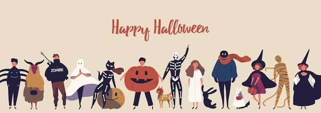 Happy halloween flat banner vector template. Children in spooky outfits cartoon characters. Autumn holiday congratulation. Kids in spider, ghost, mummy and witch costumes illustration with typography.