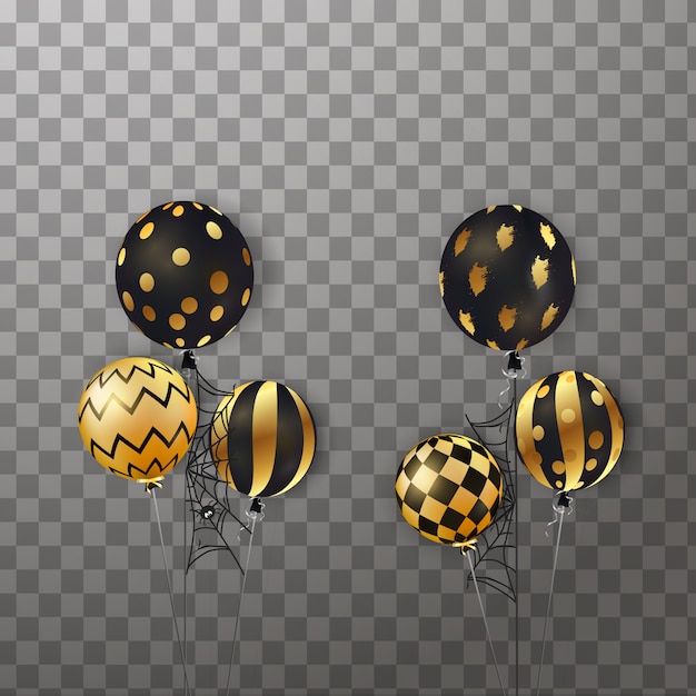 Vector happy halloween. flying set of shiny, holiday balloons isolated. big set of halloween glitter confetti, gold, black, ghost balloons, spider, web. party decorations for celebration, card.