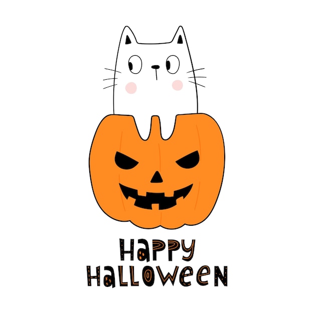 ハッピーハロウィン面白い猫とカボチャ落書きスタイルベクトルフラットイラスト