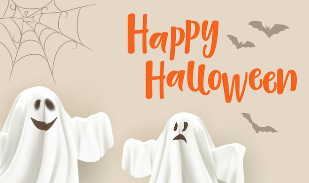 Vettore felice halloween fantasma e pipistrelli poster fantasma su sfondo beige