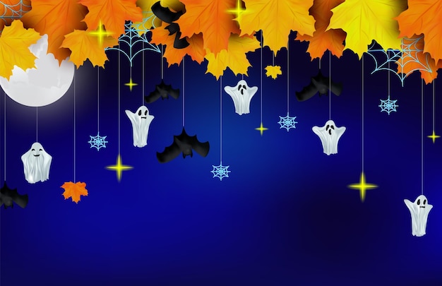 Happy halloween ghosts pipistrelli e luna luminosa su sfondo scuro carattere halloweenvector