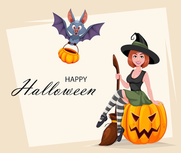 Happy halloween greeting card. beautiful witch