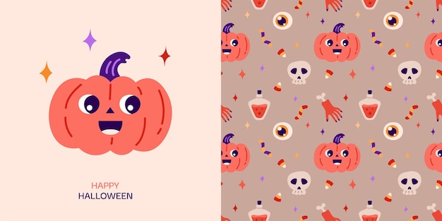 Happy Halloween greeting card and seamless pattern llustration with pumpkin potion skull eye