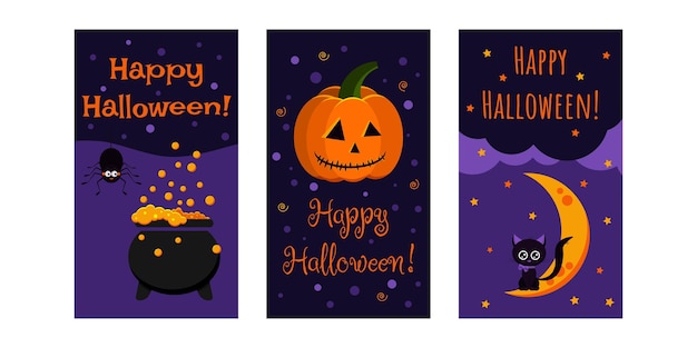 Vector happy halloween greeting card set. cute halloween character black cat on moon, orange pumpkin jack lamp, cauldron with poison and black spider. vector cartoon flat style party flyer illustrations.