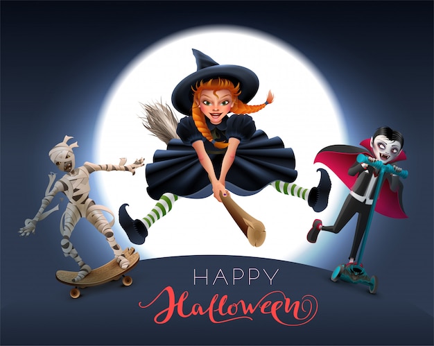 Happy Halloween greeting card text. Witch on broom, mummy and vampire in night