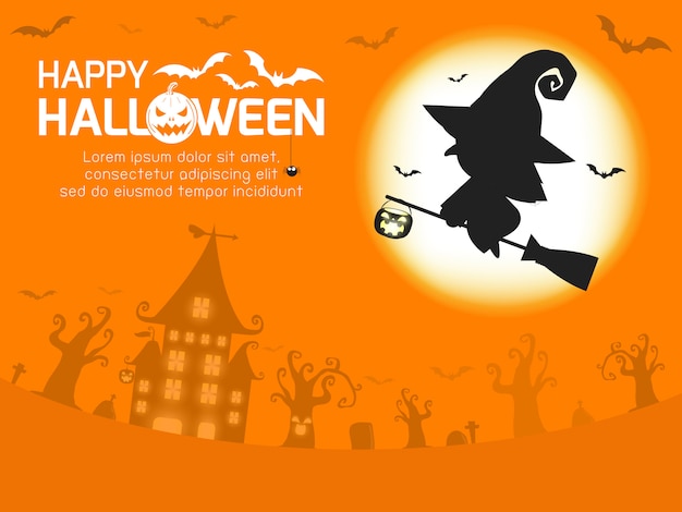 Happy Halloween greeting card. witch silhouette on the moon