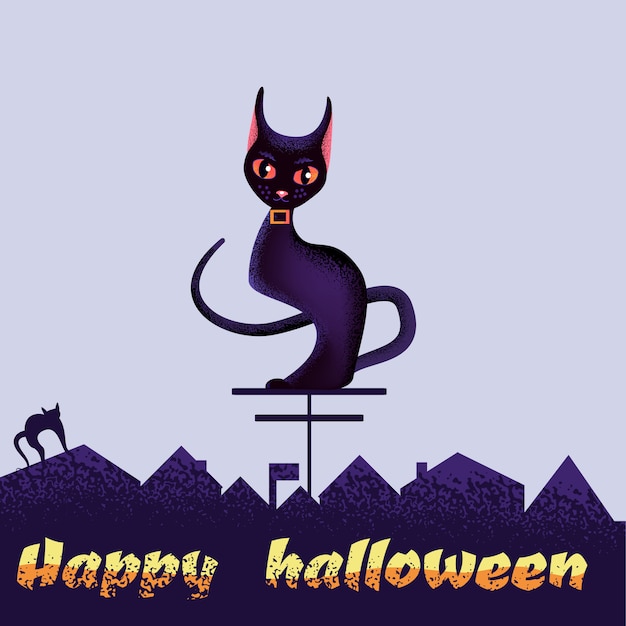 Happy halloween greeting card with black cat