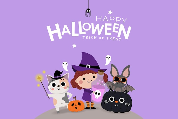 Vector happy halloween greeting card with cute cat in witch costume and decorated pumpkin