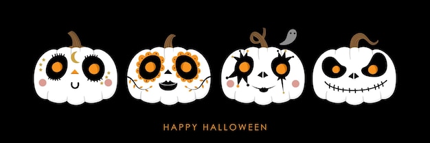 ベクトル カボチャにかわいいスケルトンのフェイスペイントでハッピーハロウィングリーティングカード