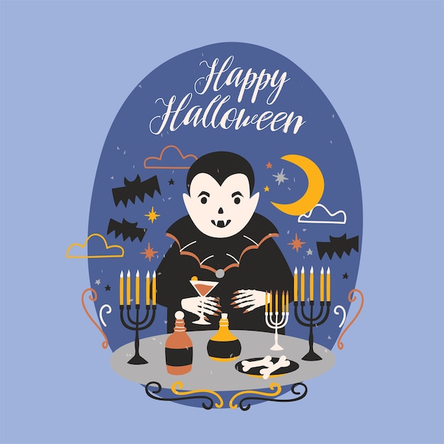 Happy halloween greeting card with funny smiling dracula or vampire standing at table with candles in candlesticks and holding wineglass with blood