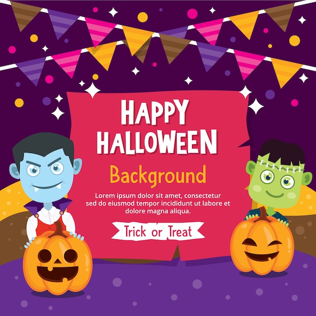 Вектор Счастливая поздравительная открытка на хэллоуин с костюмом вампира и франкенштейна