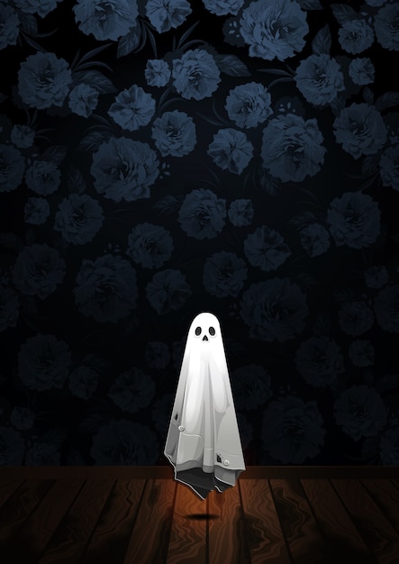 Saluto felice di halloween con il fantasma che galleggia nell'aria sul fondo del fiore