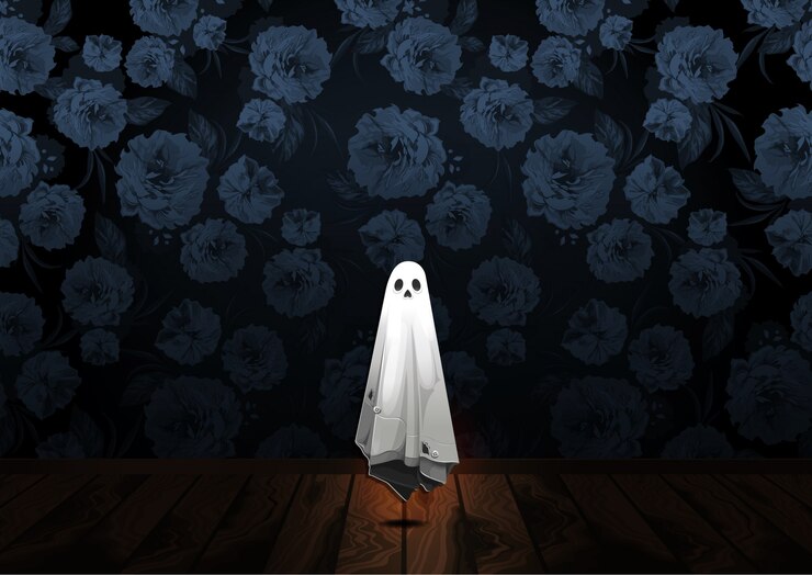 Vector happy halloween greeting with ghost floating in the air on flower background