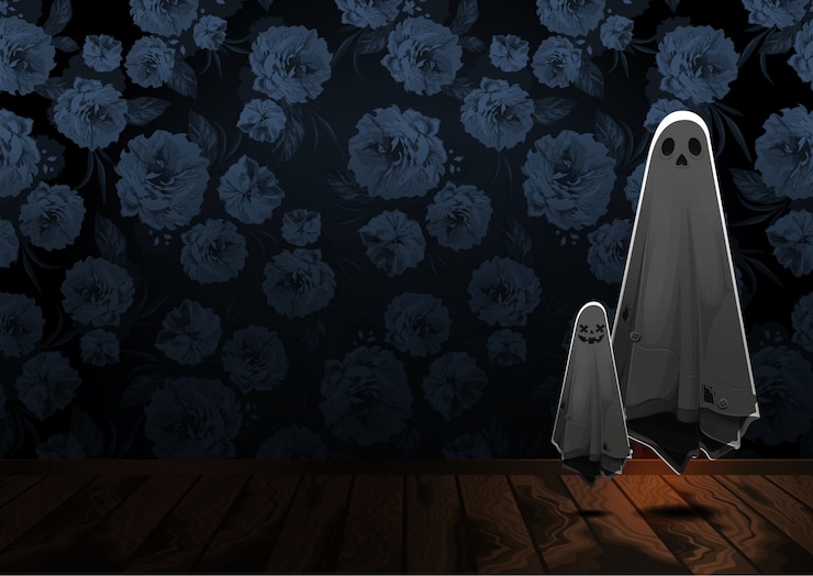 Vector happy halloween greeting with ghost floating in the air on flower background