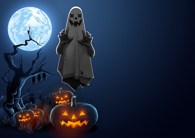 Saluto felice di halloween con il fantasma che galleggia nell'aria e le zucche alla notte.