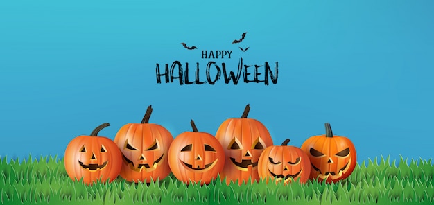 Happy Halloween-groetbanner met pompoenen en vleermuizen.