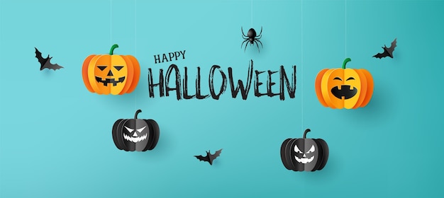 Happy Halloween-groetbanner met pompoenen en vleermuizen.