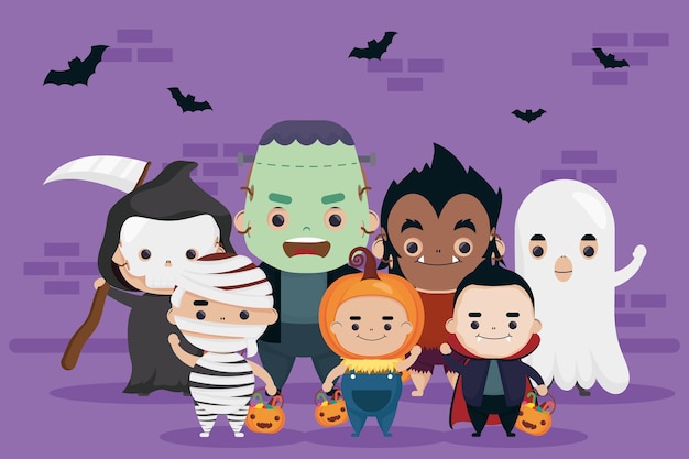 Vettore felice gruppo di halloween di simpatici personaggi e pipistrelli che volano