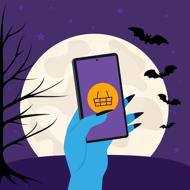 Happy Halloween Halloween concept with bats moon Zombie hand holds phone call and shop Vector illustration design template for banner or poster