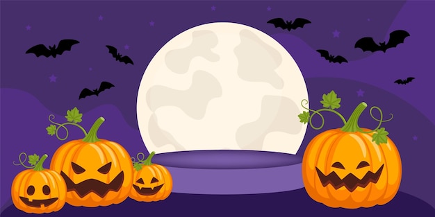 Happy halloween halloween concept with bats pumpkin moon and stage podium on black background vector illustration design template for banner or poster