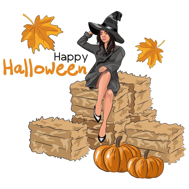 Happy Halloween hand getekende vlakke afbeelding. Mooie vrouw in heksenhoed zittend op hooibalen