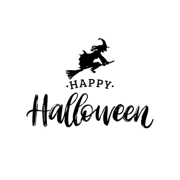Happy Halloween, hand lettering. Vector illustration of witch on broom. Design concept for party invitation, greeting card, poster.