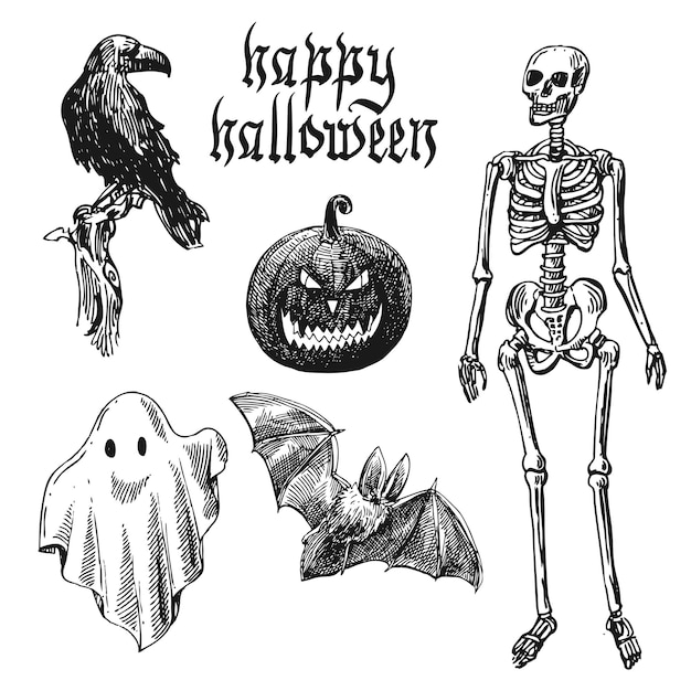 Счастливый хэллоуин ручная векторная иллюстрация стиль эскиза использование для рекламы приглашений, листовок, открыток