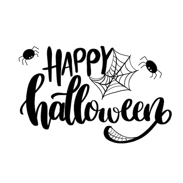 Happy halloween handwritten inscription in black ink cobwebs and spiders