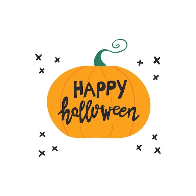 Happy halloween. handwritten lettering on orange pumpkin with doodle black cross elements. isolated on white background.