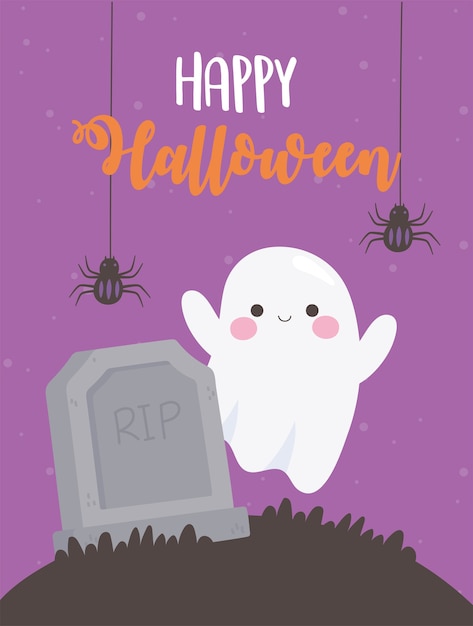 Happy halloween hanging spiders ghost and tombstone on grass illustration