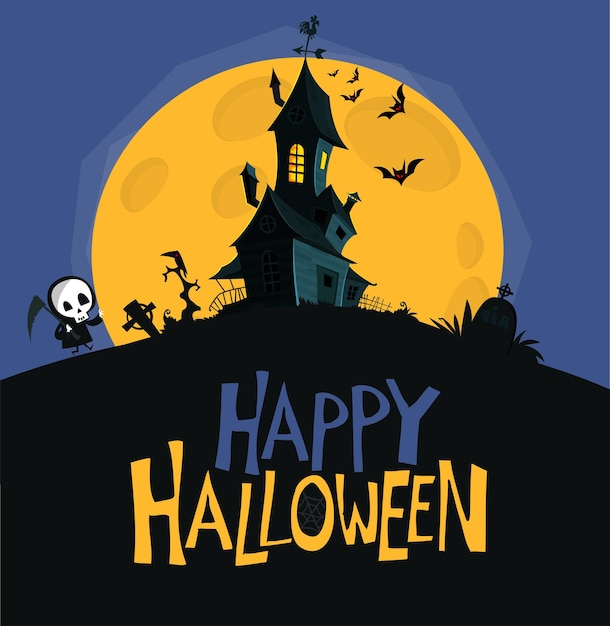 Happy halloween haunted house cartoon illustration Vector horror scary mansion on the night background with moon Party poster