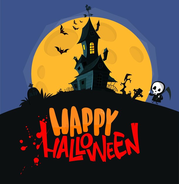 Happy halloween haunted house cartoon illustration Vector horror scary mansion on the night background with moon Party poster