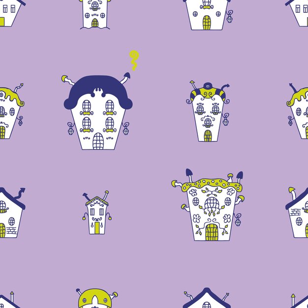 Счастливый Хэллоуин дома с привидениями бесшовный узор Жуткий принт для футболки бумажный текстиль и ткань Doodle векторная иллюстрация для декора и дизайна