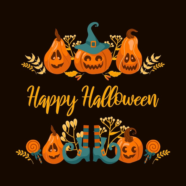 Happy halloween heldere vectorillustratie pompoen jackolantern heks hoed gestreepte kousen lolly voor stickers ansichtkaarten banners flyer oranjegroen kleuren een zwarte contrasterende achtergrond